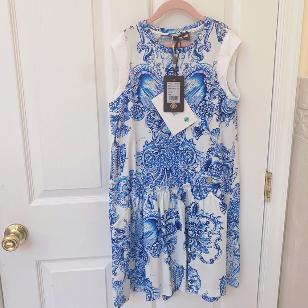 Roberto Cavalli  Girls Baroque Blue and White Print Dress
